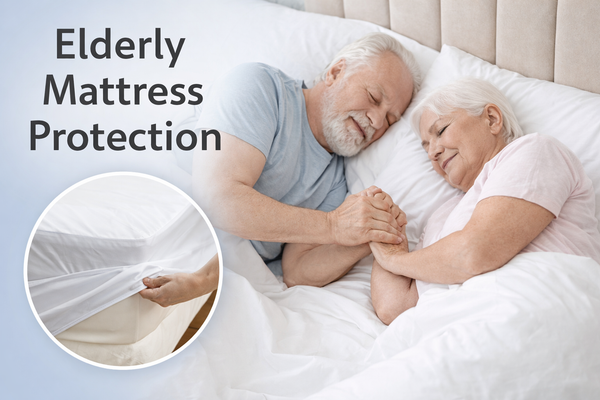 Old Couple Sleeping On Bed And Photo Talks About Elderly Mattress Protection
