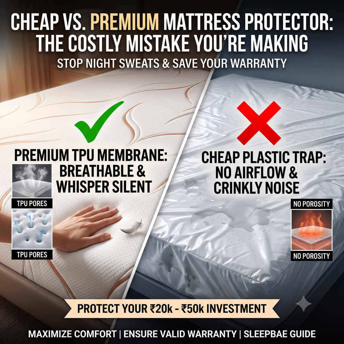 Image shows the difference between cheap and expensive mattress protector and help you understand why you should get a Sleepbae Home Essential Mattress Protector