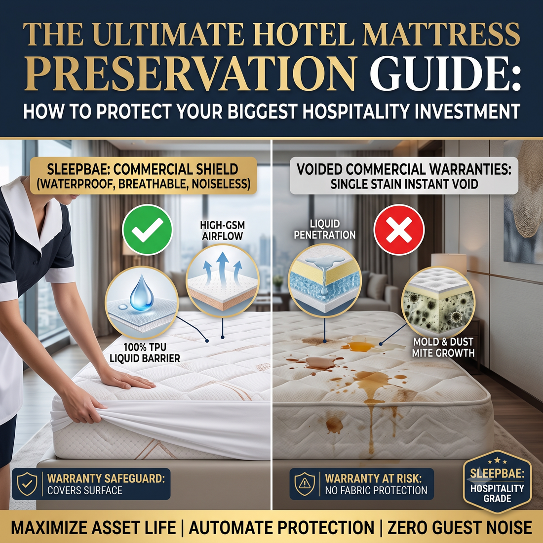 Image shows how sleepbae mattress protector can preserve and extend the life of the hotel mattress for most kind of damages