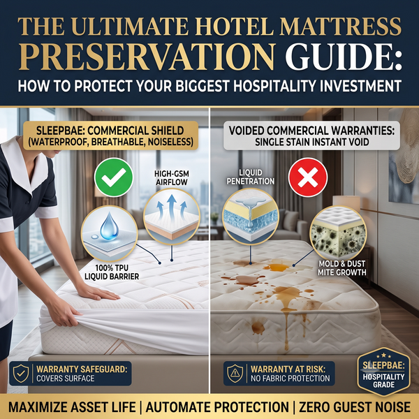 Image shows how sleepbae mattress protector can preserve and extend the life of the hotel mattress for most kind of damages