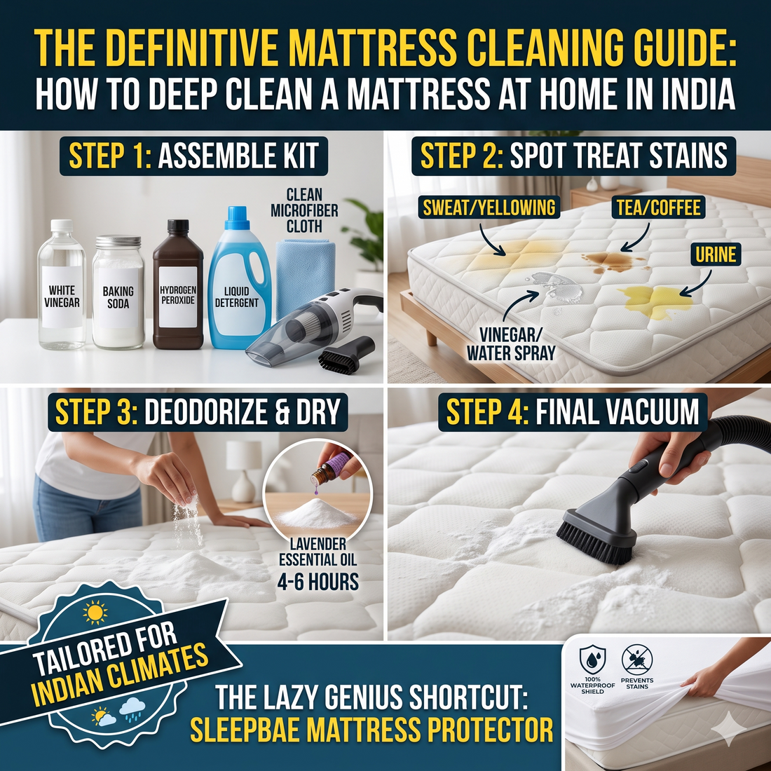 Mattress cleaning solution at home which shows 4 steps to clean the mattress by self at home