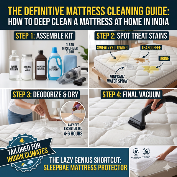 Mattress cleaning solution at home which shows 4 steps to clean the mattress by self at home
