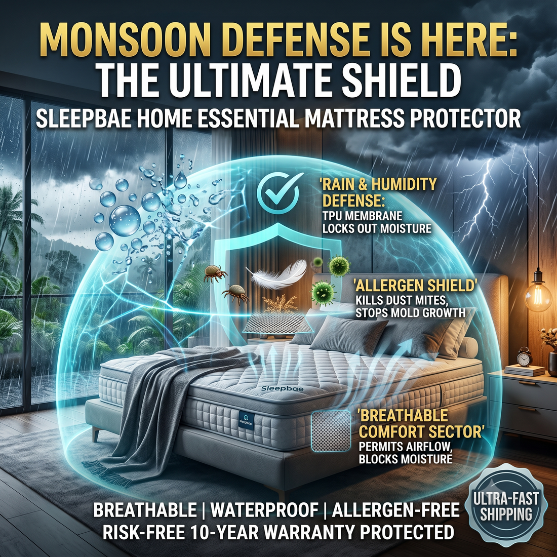 The image shows how sleepbae mattress protector helps preventing the Bed Bugs issue & Allergens and Humidity