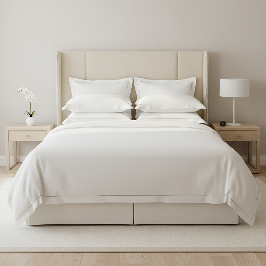 clean hotel bed from front angle